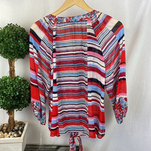 Anthropologie Figuroa & Flowers Floral & Stripes Long Sleeve Tie Waist Top New L - Picture 3 of 5